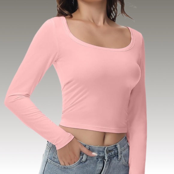 NWT Baby Pink Long Sleeve Square Neck Crop Top-XS - Picture 2 of 5